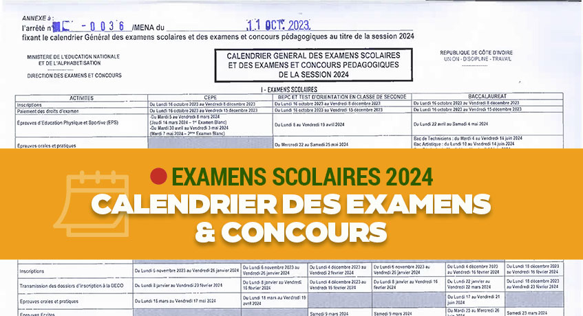 Dates des épreuves écrites aux examens du CEPE, BEPC et BAC 2024 en Côte d'Ivoire