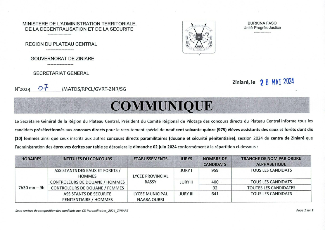Répartition des candidats du centre de Ziniaré aux concours directs paramilitaires session 2024