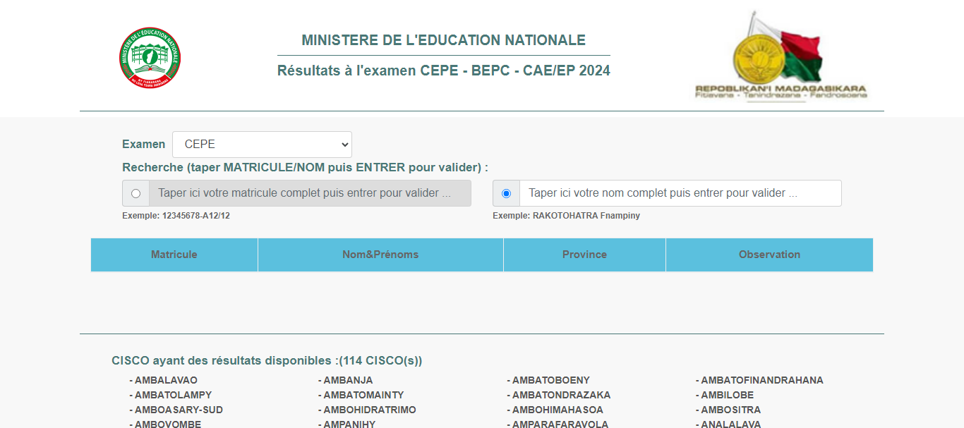 résultats à l'examen CEPE - BEPC - CAE/EP 2024 à Madagascar