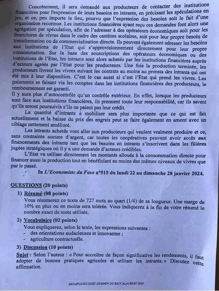 L'épreuve de Français au BAC Burkina Faso 2024 série C et D, 1er tour