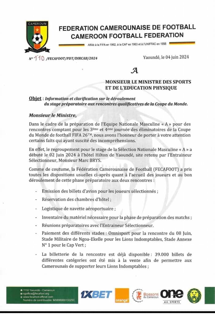 Eliminatoires mondial 2026 : Samuel Eto'o écrit au ministre des sports 