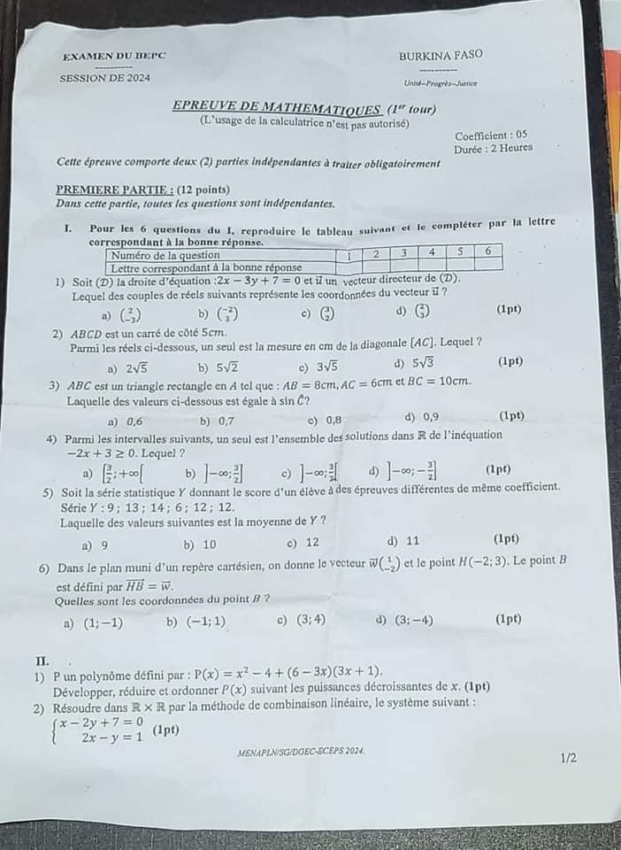 Épreuve de Mathématiques du 1er tout au BEPC Burkina Faso session 2024