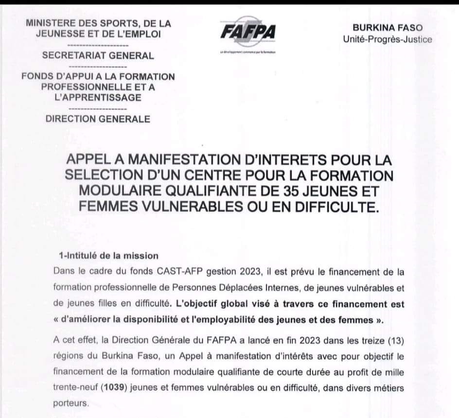 Appel a manifestation d'interets pour la selection d'un centre pour la formation modulaire qualifiante de 35 jeunes et femmes vulnerables ou en difficulte