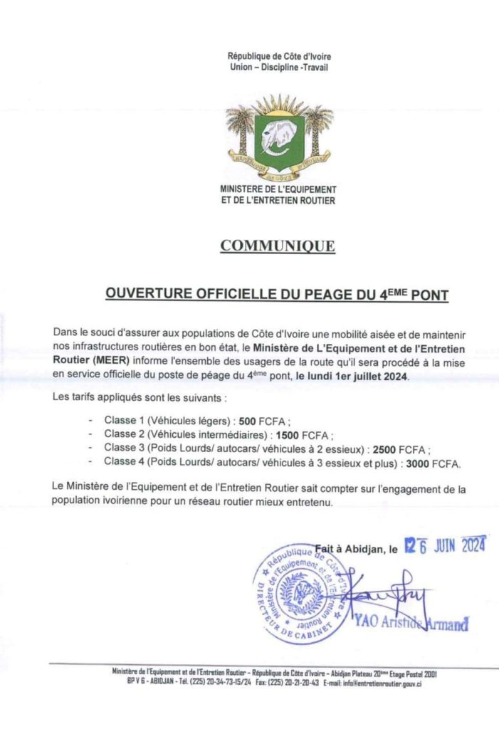 Le 4ème pont d'Abidjan ouvre son péage le 1er juillet : Comment séront les tarifs ?