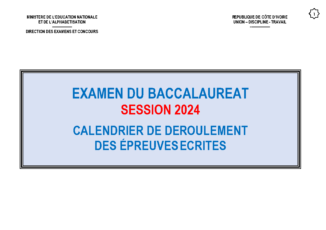 Horaires de passage des épreuves du BAC 2024 en Côte d'Ivoire