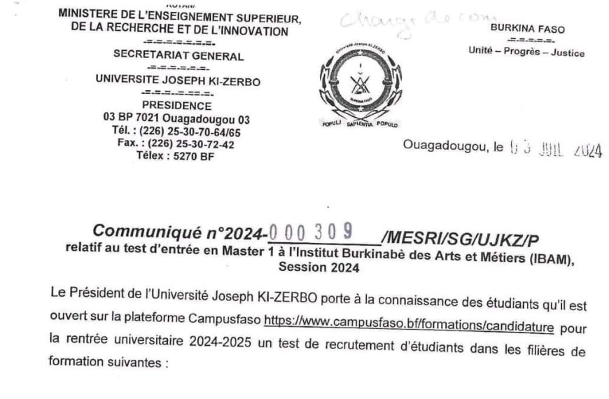 UNIVERSITE JOSEPH KI-ZERBO : Test d'entrée en Master 1 à l'Institut Burkinabè des Arts et Métiers (IBAM), Session 2024