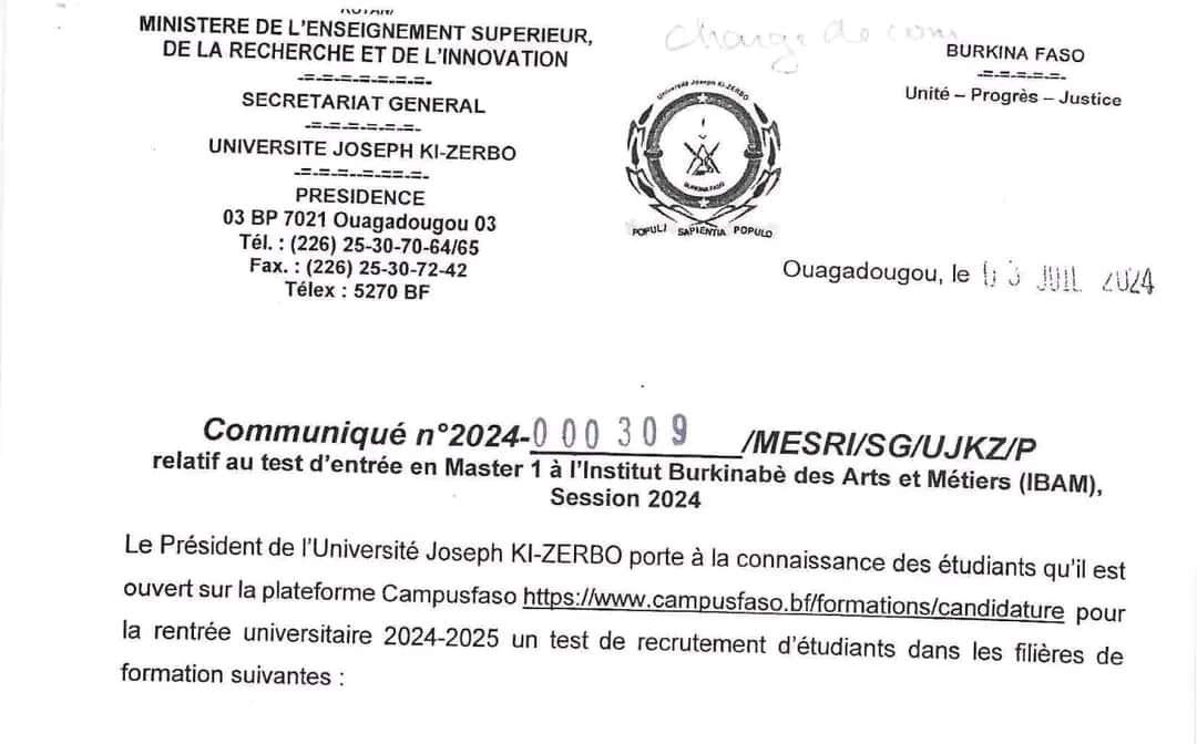 UNIVERSITE JOSEPH KI-ZERBO : Test d'entrée en Master 1 à l'Institut Burkinabè des Arts et Métiers (IBAM), Session 2024