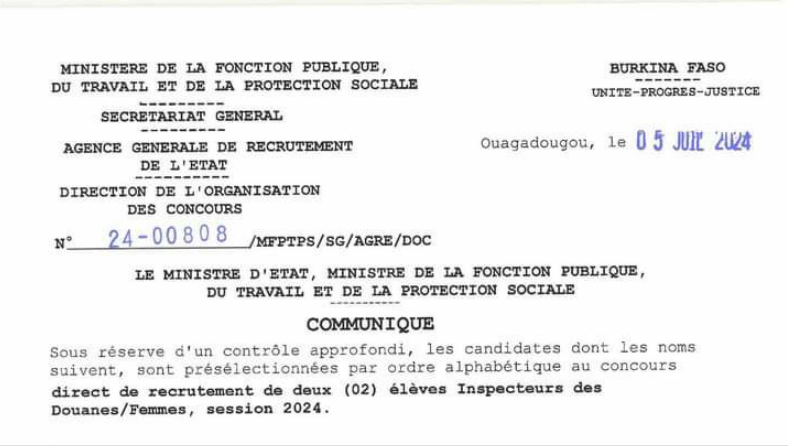 Résultats de la présélection du concours paramilitaires de la sécurité pénitentiaire, session 2024 au Burkina Faso