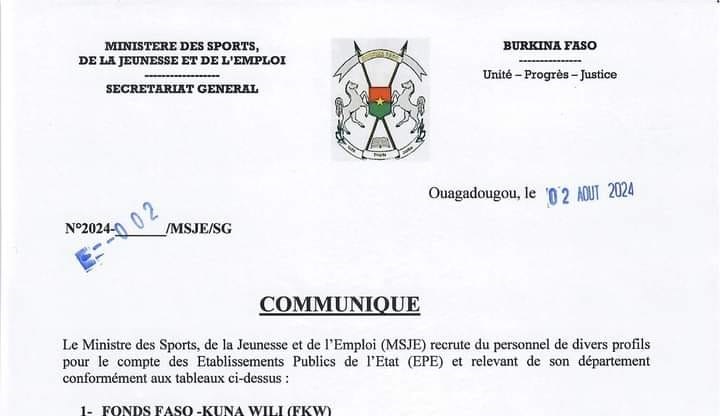 Avis de recrutement de plusieurs profils par le ministre des sports, de la jeunesse et de l'emploi (msje)